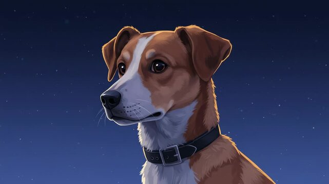 Stylized art of a brown and white dog, collar, night sky backdrop