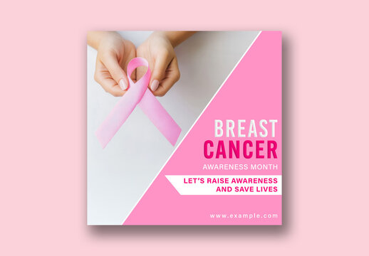 Editable Breast Cancer Awareness Post Template &ndash; Pink Theme Social Media Post with Ribbon Image Placeholder and Text Space (PSD Format)