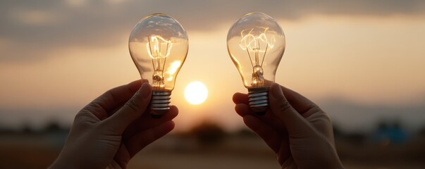 Two Hands Holding Light Bulbs Against a Beautiful Sunset Background in an Outdoor Setting