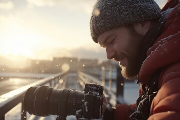 Photographer Capturing Winter Landscape in Snowy Outdoor Setting