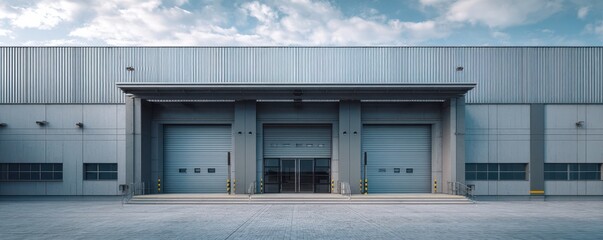 Modern industrial warehouse exterior with loading dock, high ceilings, and large doors under a clear blue sky