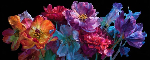 Vibrant Bouquet of Colorful Tulips and Peonies in Various Shades Against a Dark Background