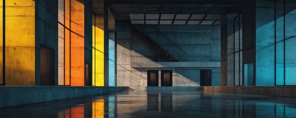 Modern Minimalist Interior with Colorful Glass Panels and Concrete Architecture in Contemporary Space