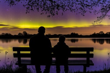 Serene Silhouette of Father and Son Overlooking Aurora Reflection