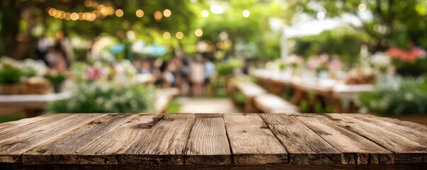 Rustic Wooden Table Overlooking an Outdoor Garden Setup with Blurred Background of Event Decor and Soft Ambient Lighting