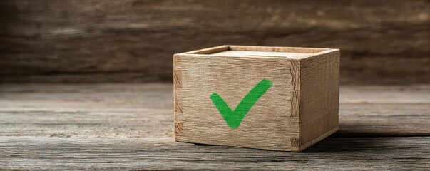 Rustic wooden box with a green check mark symbol on a weathered wooden table background for storage and organization concepts