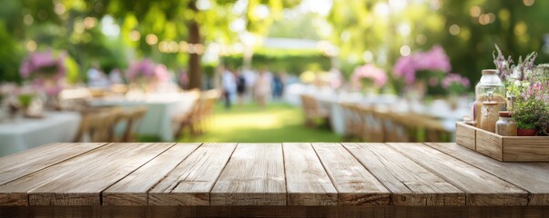 Rustic Wooden Table with Flower Arrangement in an Outdoor Dining Setting for Celebrations and Gatherings