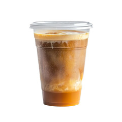 Iced coffee with cream in clear plastic cup and lid on transparent background