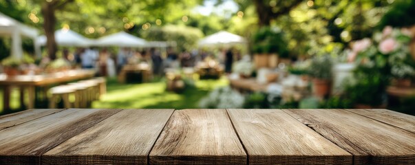 Rustic wooden table with blurred garden party background showcasing greenery and festive atmosphere in sunlight
