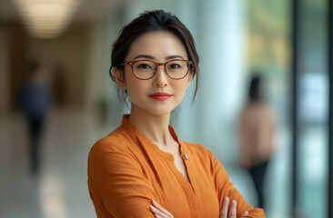 Mature Asian businesswoman stands confidently in office building hallway. Wears glasses, orange shirt with arms crossed. Looks directly at camera. Indoor shot. Successful professional. Powerful