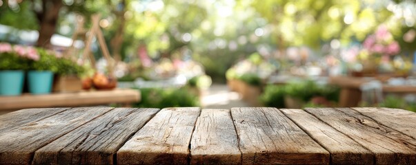 Wooden Table Surface with Garden Background Full of Fresh Flowers and Green Plants in Bright Outdoor Market Settings