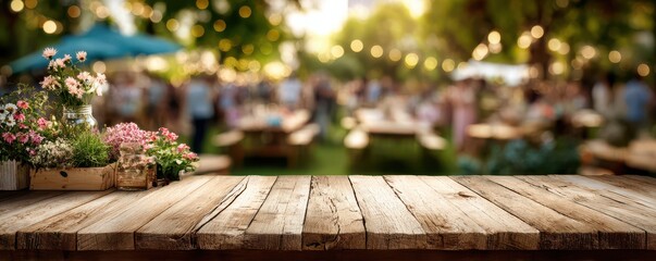 Rustic Wooden Table with Flowers in Front of a Vibrant Outdoor Summer Event at Dusk