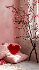 Still life of heart shaped pillows and a decorative tree with heart shaped leaves near a window