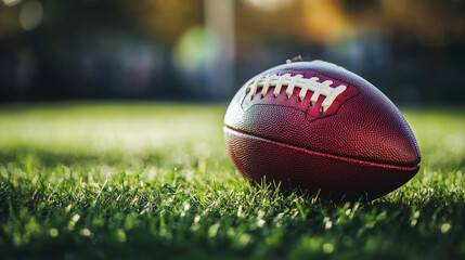 Football placed on vibrant green grass, leaving room for copy or messaging.

