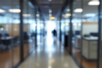 Blurred Modern Office Corridor Glass Walls, Bright Lighting, and Professional Workspace