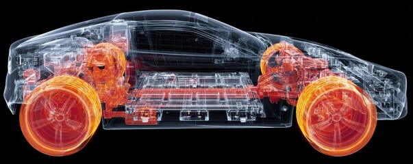 Transparent electric car with visible components and futuristic design showcasing innovation in automotive technology and engineering