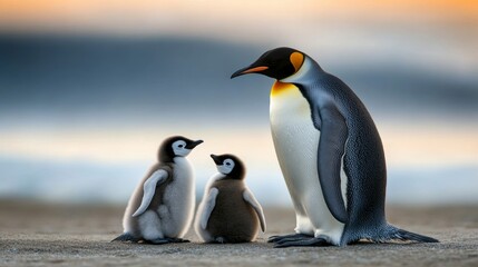 Fototapeta premium Emperor penguin huddles on frozen terrain with chicks
