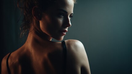 Studio portrait of beautiful young woman with dark hair tied up, wearing black top, posing showing her back and shoulder, illuminated by dramatic light
