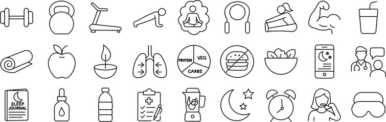 Health and Fitness Stroke Icon Collection. Containing Dumbbell, Kettlebell, Treadmill, Yoga, and more icons. Editable Stroke icon collection Outline icon.