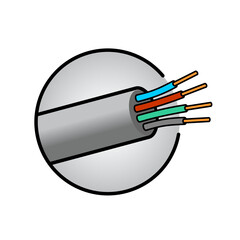 Cable wires logo in a round backdrop. Electrical theme badge design with four colored copper wires