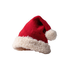 A classic red Santa hat with a fluffy white trim, perfect for holiday celebrations and festive occasions.