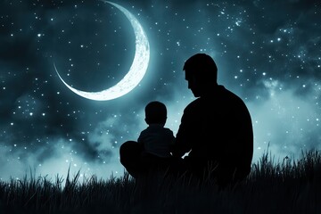 Silhouette of Father and Child Under Starry Moonlit Night Sky