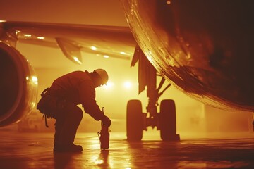 Aircraft Maintenance Worker Inspecting Gear in Dramatic Lighting Scene