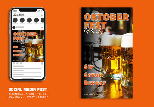 Editable Oktoberfest Party Social Media Post & Story Template &ndash; Beer Mugs with Bold Text &lsquo;Sip Savor Repeat&rsquo; PSD