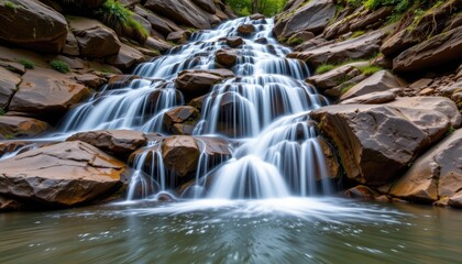 beautiful waterfall streaming down a rocky staircase formation, with 4k image quality.