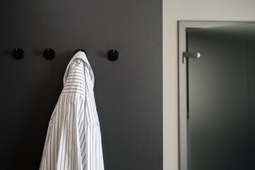Neatly hung coat on a modern coat hanger in a stylish entrance hall