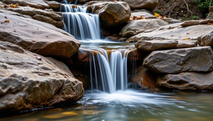 a peaceful waterfall descending over stacked natural stones, shot in ultra high definition 4k.