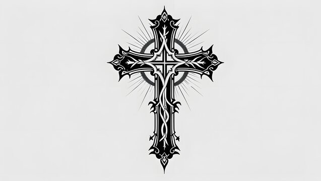 High-resolution vector illustration of a detailed cross tattoo design in black ink, created in a bold blackwork tattoo style or fine line.