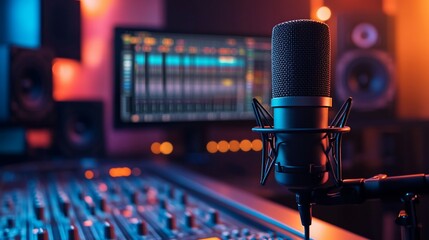 Recording studio interior with a microphone.  Studio equipment and audio technology in use