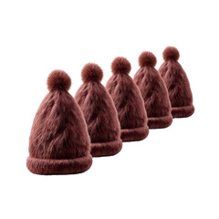 A collection of stylish fuzzy beanies in rich burgundy color, arranged neatly against a white isolate background, ideal for winter fashion themes and apparel marketing.