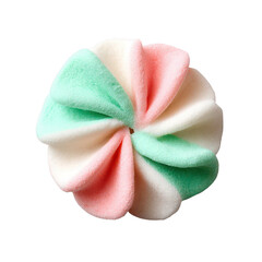 A colorful, multi-layered dessert with a unique swirling pattern, showcasing pastel shades of green, pink, and white, on a white isolated background.