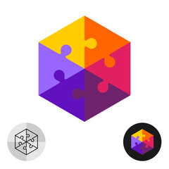 Hexagonal jigsaw puzzle logo. Hex shape formed from six bright color triangles creative icon. Infographics round template.