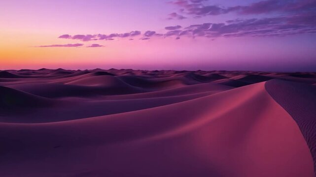 Desert Twilight: Captivating dunes undulate beneath a breathtaking evening sky, painted with hues of purple and pink. A serene and immersive visual experience of natural beauty.