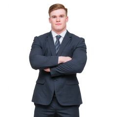 A confident young man in a formal suit with arms crossed, standing against a white isolated background, exuding professionalism and strength.