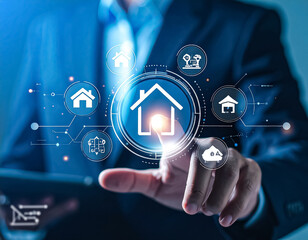 Technology in real estate: online house deals, secure home insurance, virtual housing platform, and modern property management on digital screen.