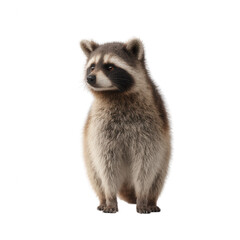 A curious raccoon standing upright, showcasing its distinct facial markings and fluffy fur against a white isolated background.