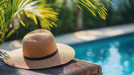 Portrait of a wide-brimmed straw hat placed on a sun lounger with a swimming pool in the background 