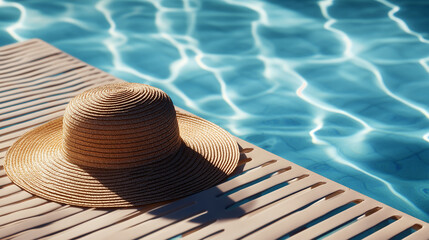 Portrait of a wide-brimmed straw hat placed on a sun lounger with a swimming pool in the background 