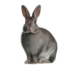 A cute gray rabbit sitting upright, showcasing its fluffy fur and alert expression against a white isolated background.