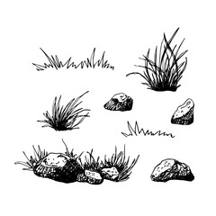 Various tufts of grass and rocks, stones. Black and white hand drawn vector illustrations. Sketch with fine lines and shading. The natural elements isolated on white. For cards clip art packages.