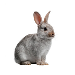 Obraz premium A cute, gray rabbit with soft fur, sitting gracefully against a white isolated background, showcasing its vibrant personality and fluffy features.