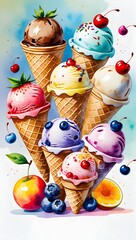 Colorful waffle cone ice creams illustrations for party invites, packaging, or kid-friendly prints, on a pastel background.