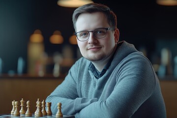 Thoughtful Young Man in Sweater Posing with Chess Pieces in Café