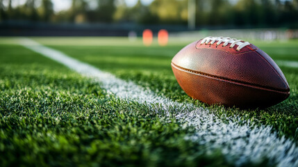 Obraz premium Close-up view of an American football resting on a grass field, positioned on the yard line. A classic, generic sports image.