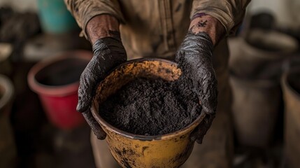 Worker holding black powder sample in factory
