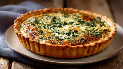 Freshly Baked Quiche with Spinach and Cheese on a Wooden Table